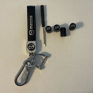 Mazda key fob Keychain in black leather and Valve stem caps in Black NWT